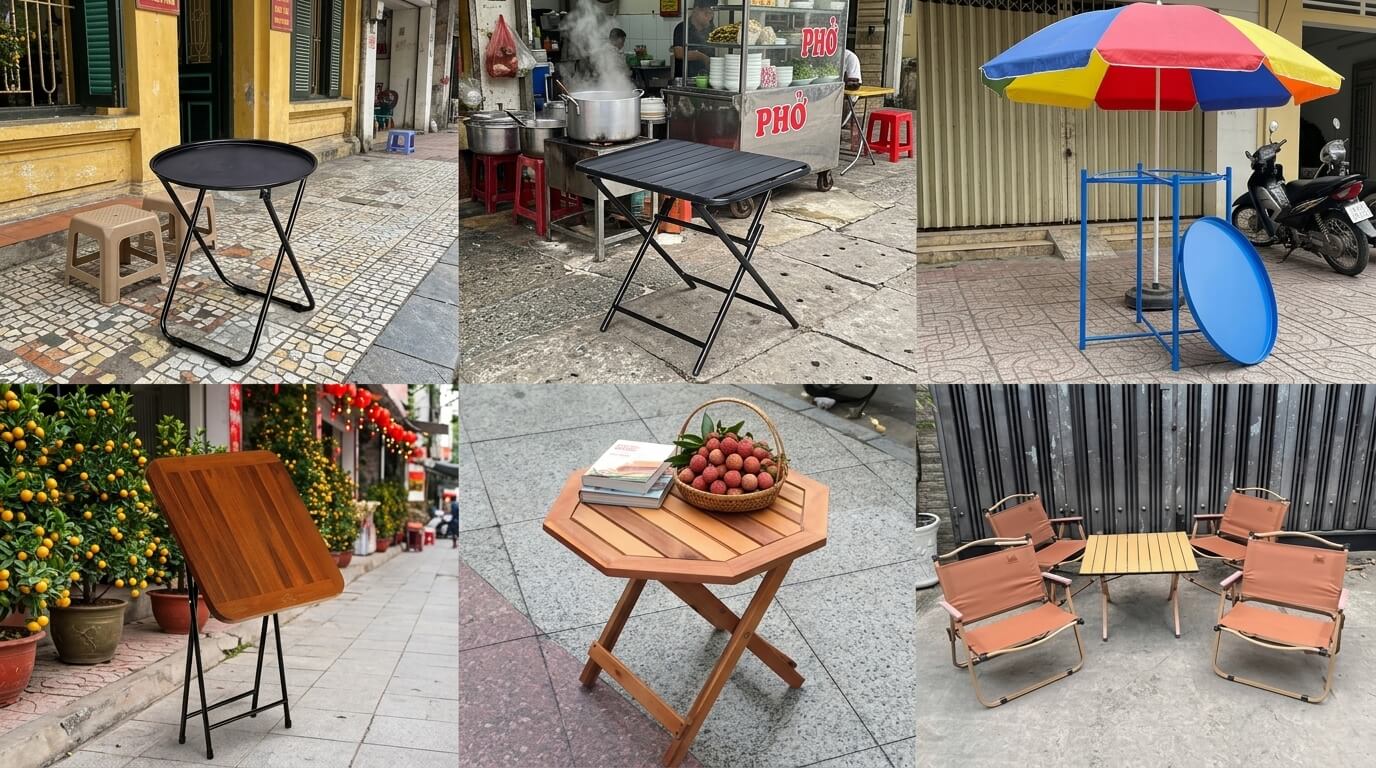 Tổng hợp mẫu bàn ghế trà chanh có khả năng xếp chồng giúp thu dọn nhanh, tối ưu diện tích bảo quản và thuận tiện cho mô hình kinh doanh vỉa hè