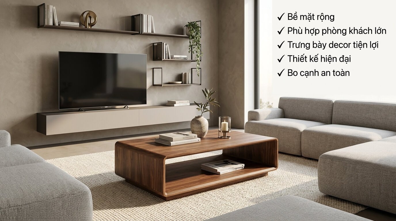 Mẫu bàn trà gỗ óc chó hình chữ nhật phù hợp phòng khách rộng, tối ưu diện tích sử dụng và dễ kết hợp nội thất
