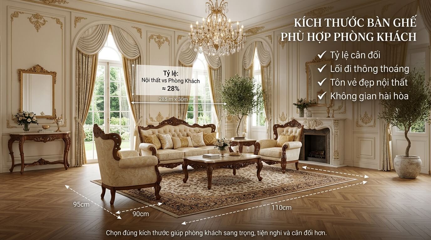 Phòng khách với bộ bàn ghế hoàng gia có kích thước cân đối, bố trí hài hòa với diện tích và lối đi thông thoáng