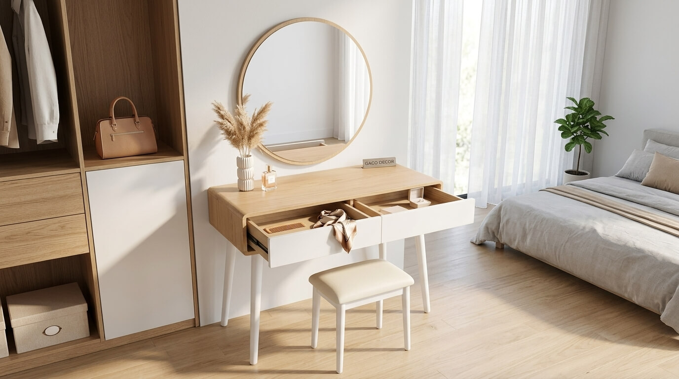 Mẫu bàn trang điểm Scandinavian sử dụng gỗ sáng màu và thiết kế thanh mảnh, mang lại cảm giác nhẹ nhàng và rộng rãi cho phòng ngủ