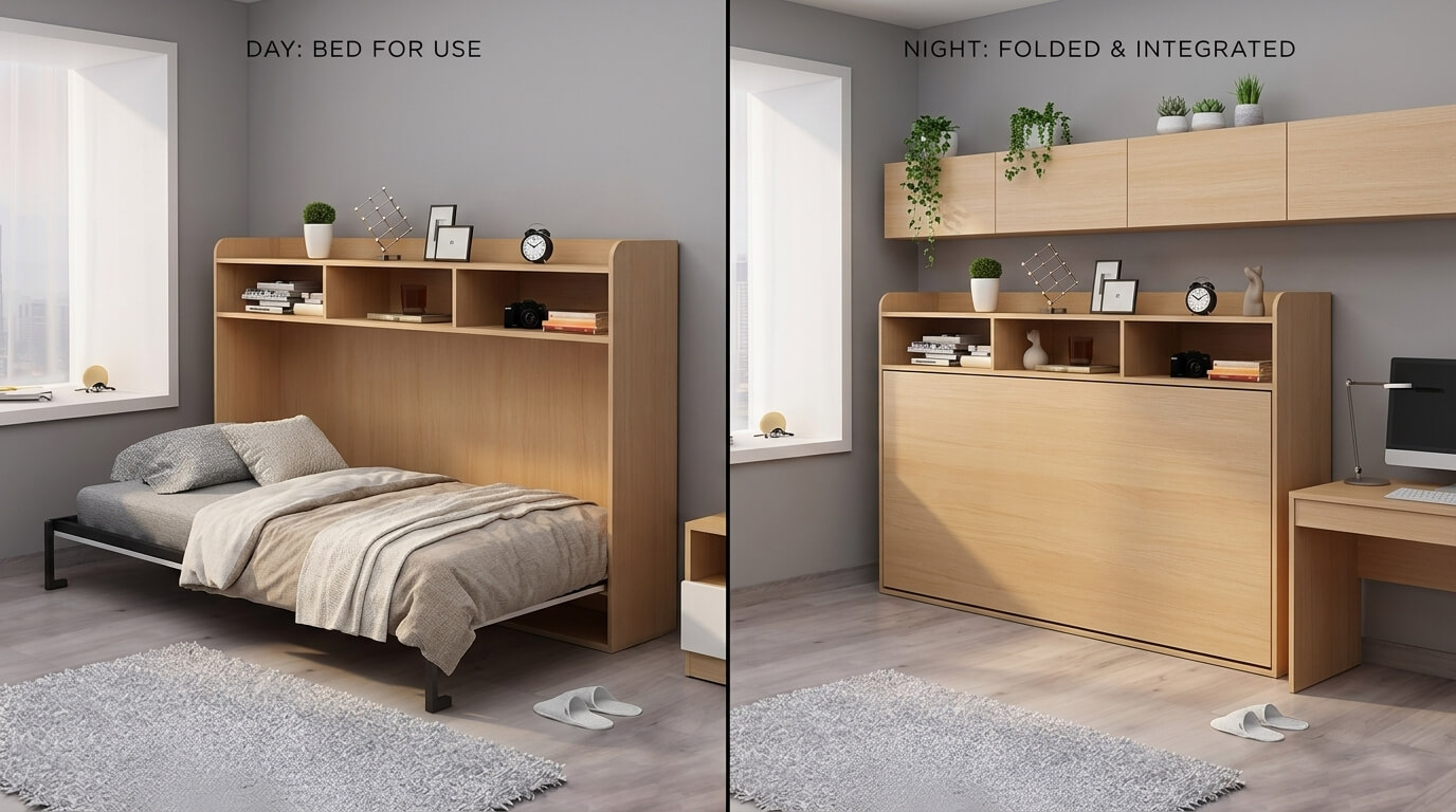 Giường gấp ngang tích hợp kệ trang trí trong phòng ngủ hiện đại