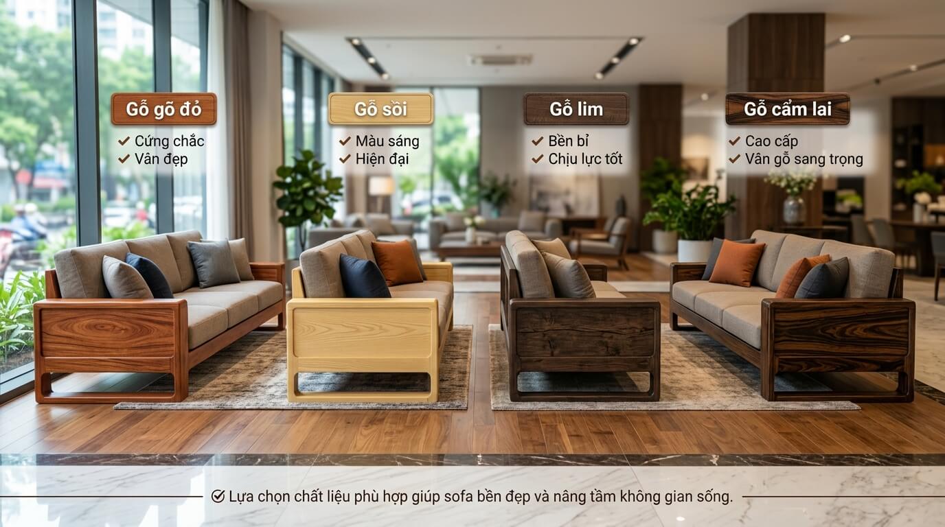 So sánh các loại gỗ tự nhiên cao cấp như gỗ gõ đỏ, gỗ sồi, gỗ lim và gỗ cẩm lai dùng sản xuất sofa nguyên khối
