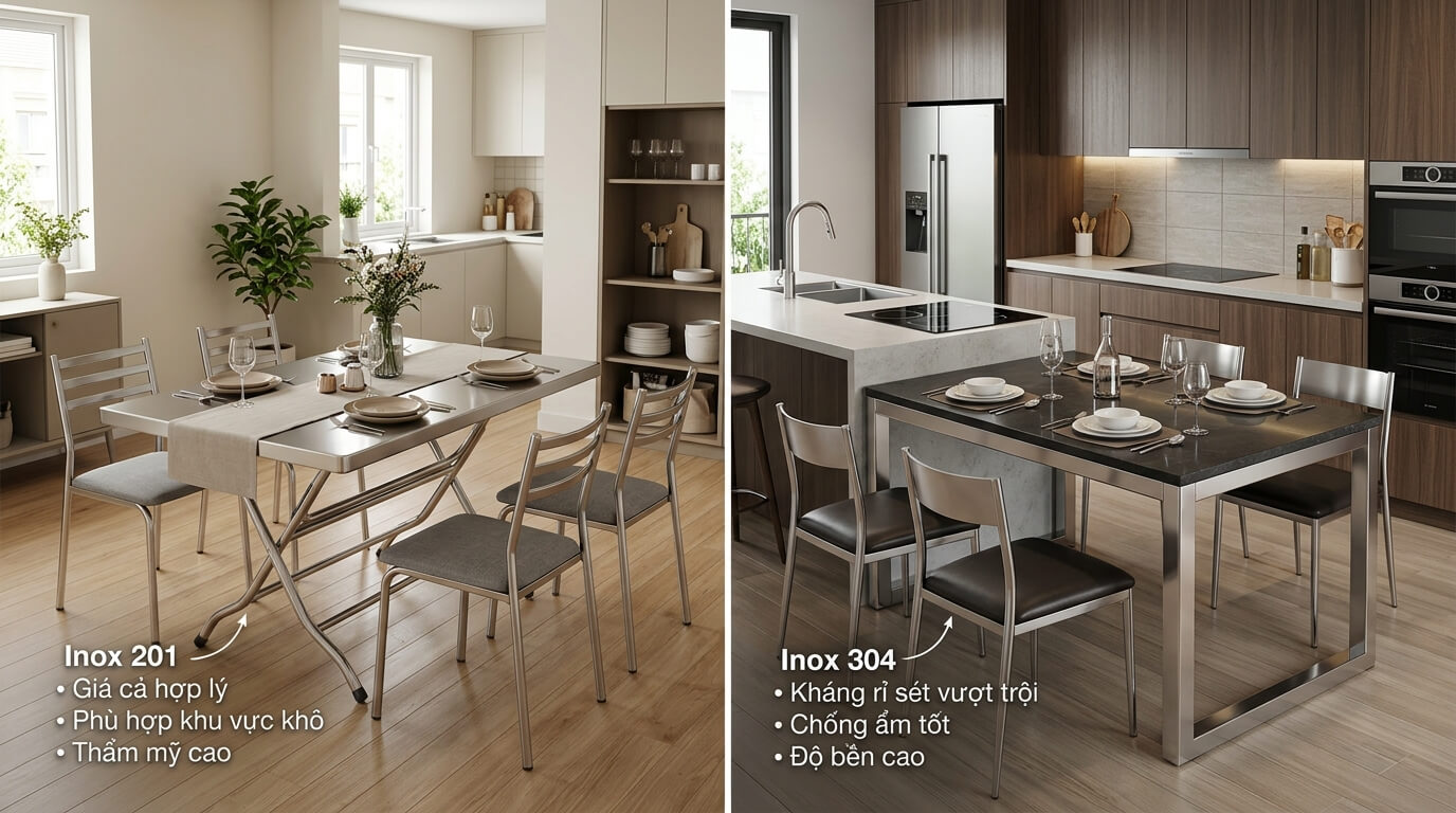 So sánh bàn ăn inox 201 và bàn ăn inox 304 trong không gian bếp hiện đại