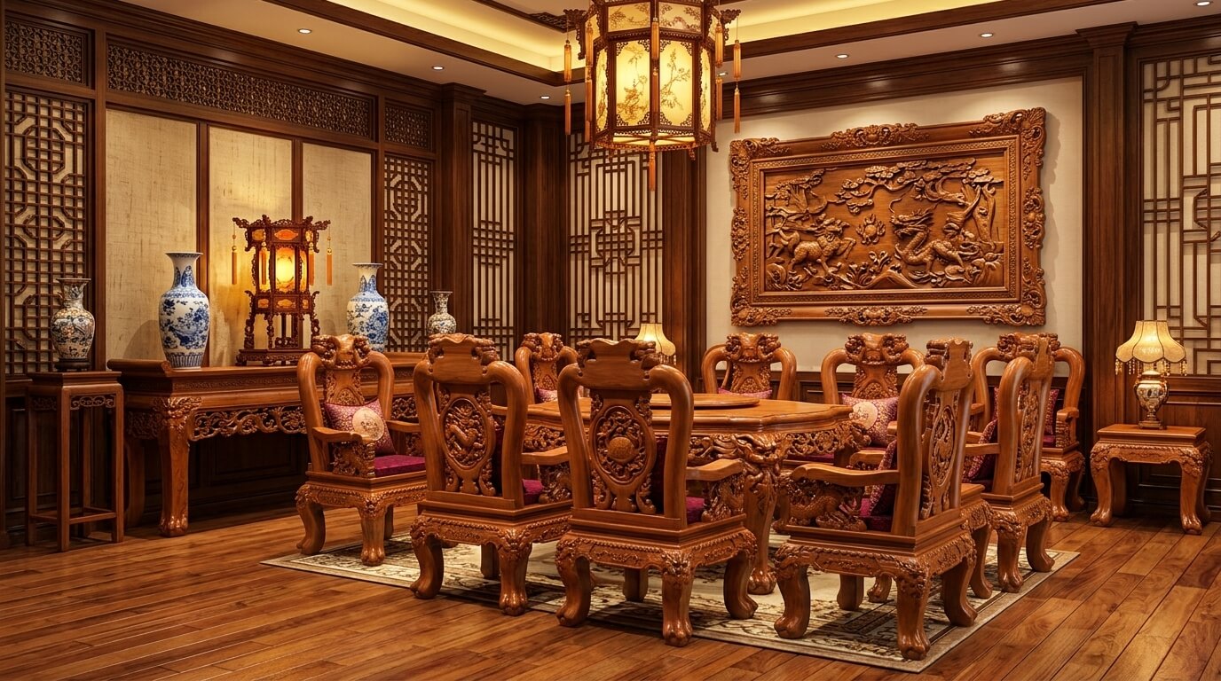 Bộ bàn ghế gỗ cẩm lai chạm khắc họa tiết phong thủy Tứ Linh mang vẻ đẹp sang trọng và ý nghĩa may mắn