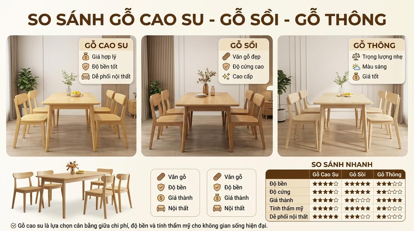 Infographic so sánh gỗ cao su, gỗ Sồi và gỗ Thông về độ bền, giá thành, tính thẩm mỹ và khả năng ứng dụng trong nội thất