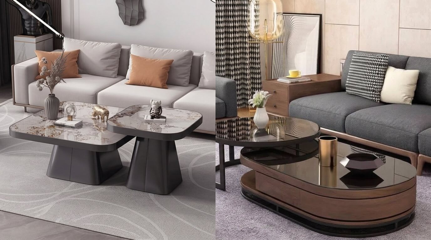 Bàn ghế uống trà mặt đá và mặt kính hiện đại kết hợp khung kim loại tinh tế