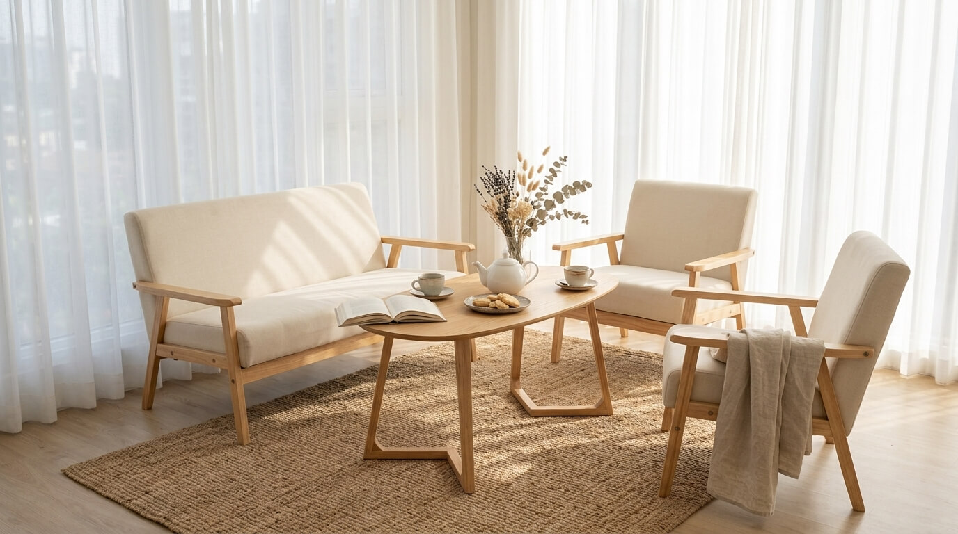 Bàn cà phê gỗ sồi phong cách Scandinavian trong phòng khách hiện đại