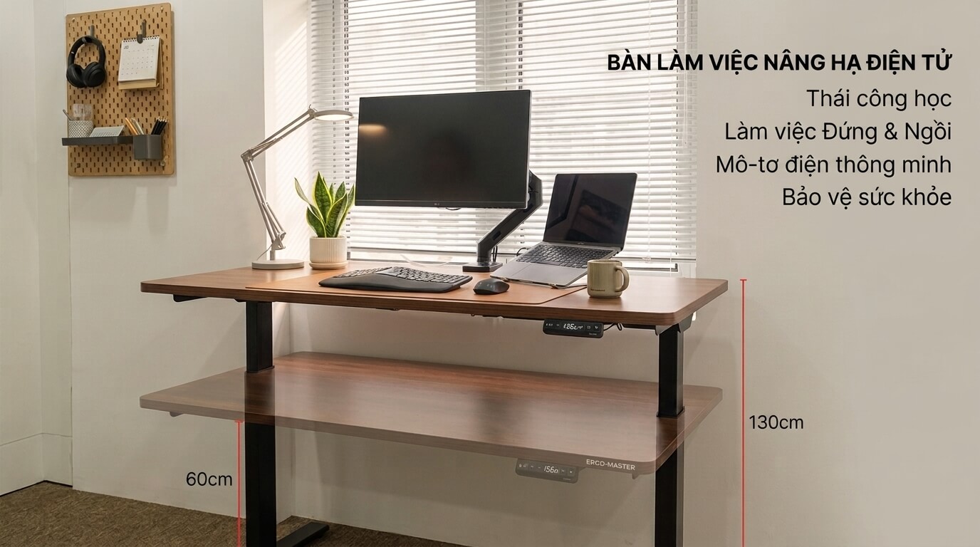Bàn làm việc nâng hạ công thái học cho người lớn trong không gian làm việc hiện đại