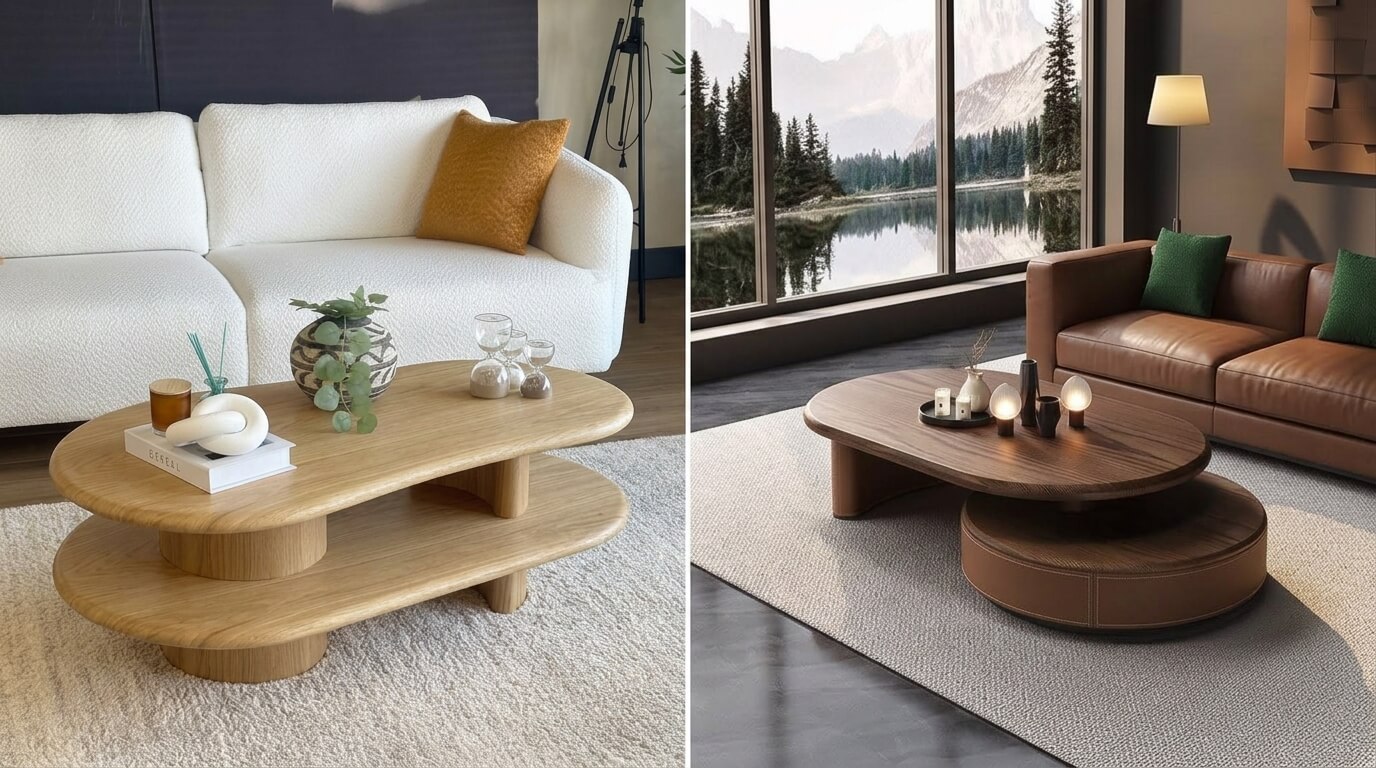 Hai mẫu bàn trà 2 tầng gỗ tự nhiên mang vẻ đẹp sang trọng, bền bỉ và phù hợp nhiều phong cách nội thất