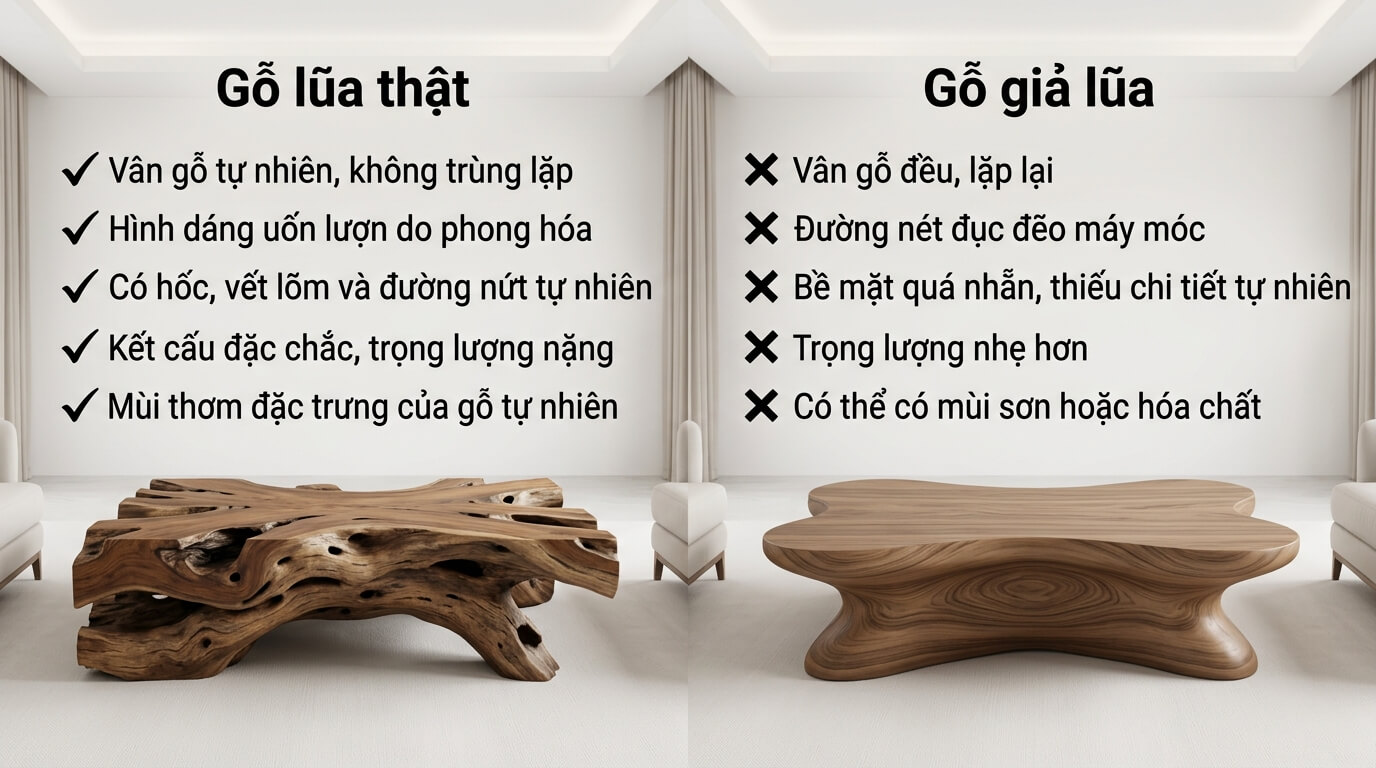 Cách phân biệt bàn trà gỗ lũa thật và gỗ giả thông qua vân gỗ, hình dáng tự nhiên, kết cấu bề mặt, trọng lượng và mùi hương đặc trưng, giúp lựa chọn sản phẩm chất lượng