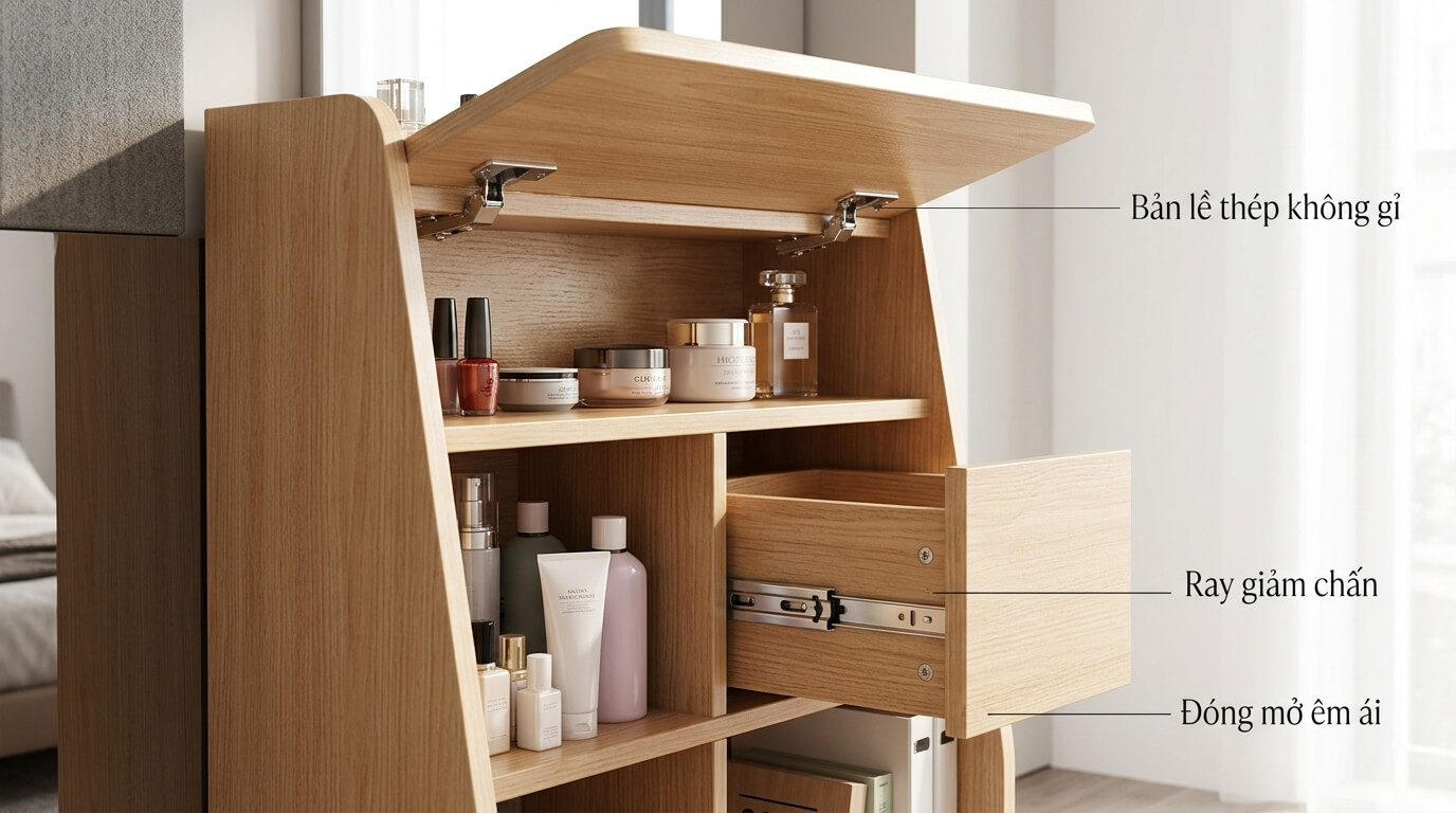 Chi tiết bản lề thép không gỉ và ray trượt giảm chấn trên bàn trang điểm gấp gọn