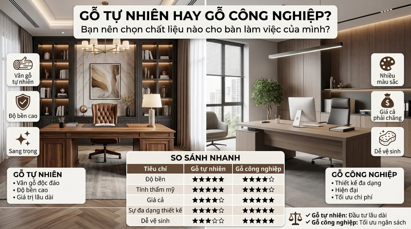 Infographic so sánh bàn làm việc gỗ tự nhiên và gỗ công nghiệp về độ bền, thẩm mỹ, giá thành và khả năng ứng dụng