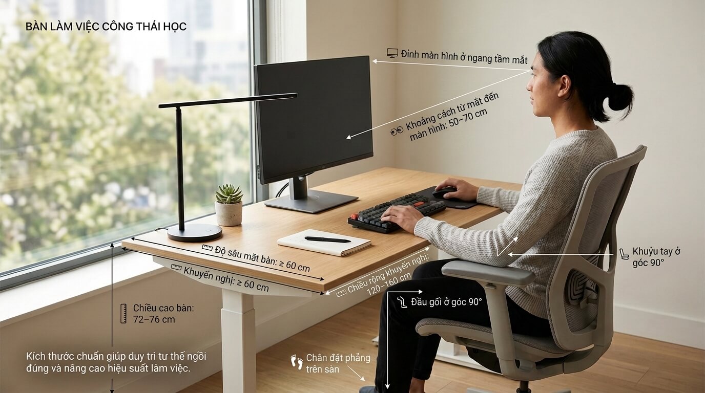 Infographic hướng dẫn tư thế ngồi làm việc công thái học với các thông số tiêu chuẩn về chiều cao bàn, góc ngồi và khoảng cách màn hình