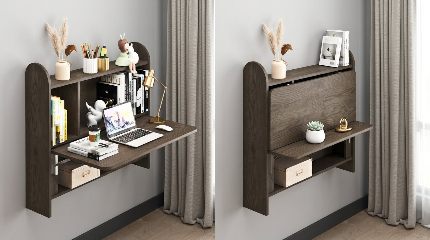 Bàn làm việc treo tường gấp mở giúp tiết kiệm diện tích trong căn hộ nhỏ