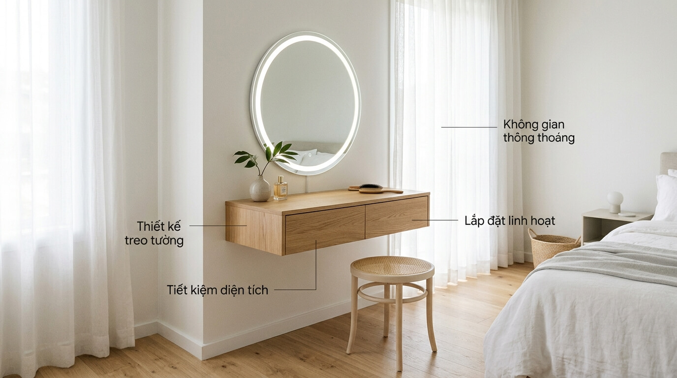 Bàn trang điểm gắn tường là giải pháp nội thất hiện đại giúp tận dụng khoảng tường trống, tiết kiệm diện tích và mang đến không gian phòng ngủ gọn gàng, thông thoáng nhưng vẫn đảm bảo đầy đủ công năng sử dụng