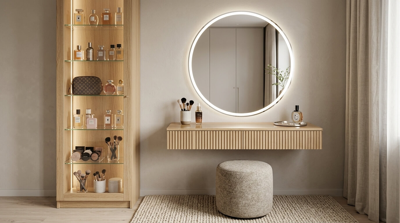 Thiết kế bàn trang điểm treo tường kết hợp gương LED mang đến nguồn sáng đồng đều, giúp việc trang điểm thuận tiện hơn đồng thời tạo điểm nhấn hiện đại cho không gian phòng ngủ