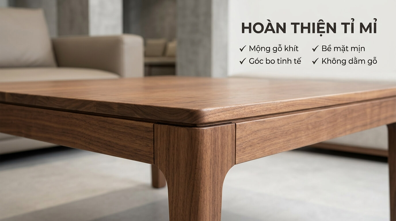 Cận cảnh bàn trà gỗ óc chó với mộng gỗ khít, bề mặt hoàn thiện mịn, các góc bo tinh tế và chi tiết gia công sắc nét.