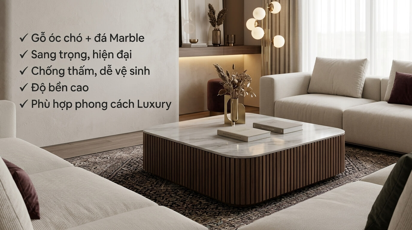 Bàn trà gỗ óc chó kết hợp mặt đá Marble trắng vân mây cao cấp