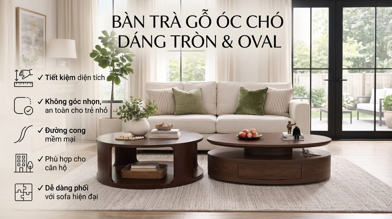 Hai mẫu bàn trà gỗ óc chó hình tròn và oval giúp tối ưu diện tích, tạo cảm giác mềm mại và phù hợp với không gian chung cư hiện đại