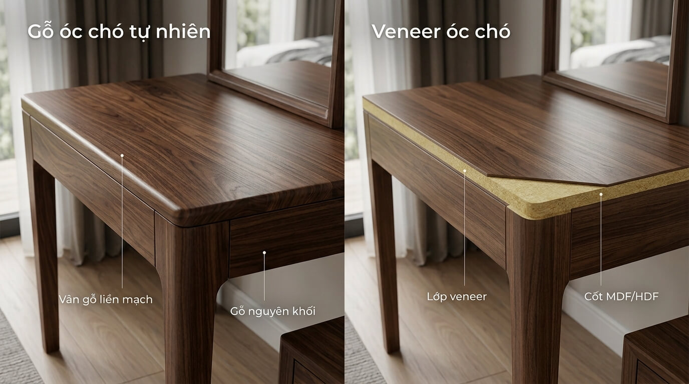 So sánh bàn gỗ óc chó tự nhiên và bàn phủ veneer óc chó với sự khác biệt về vân gỗ và cấu tạo cạnh bàn