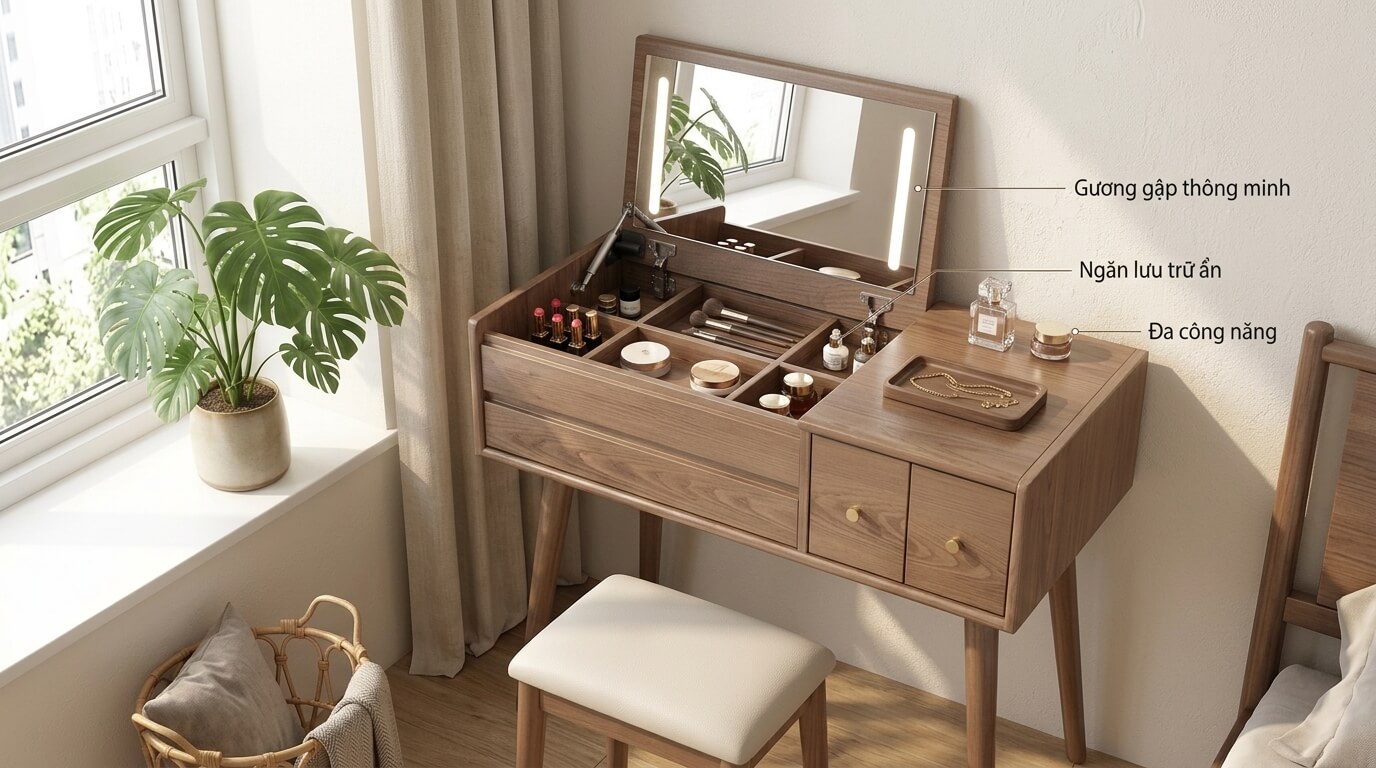 Bàn trang điểm gỗ óc chó có gương gập thông minh và ngăn lưu trữ ẩn