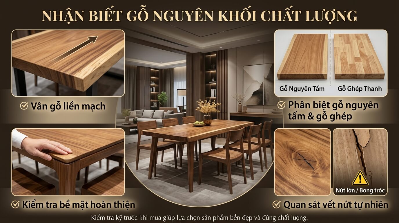 Infographic hướng dẫn nhận biết bàn ghế gỗ nguyên khối chất lượng cao qua vân gỗ, gỗ nguyên tấm, gỗ ghép và các lỗi cần kiểm tra