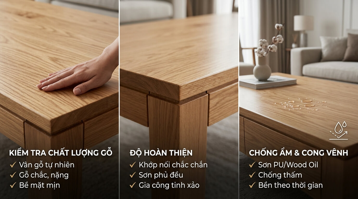Kinh nghiệm nhận biết bàn trà gỗ đẹp và chất lượng trước khi mua thông qua chất liệu, độ hoàn thiện và khả năng chống ẩm