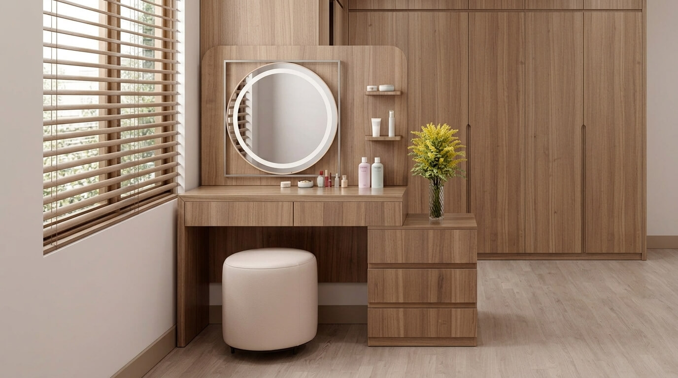 Mẫu bàn trang điểm gỗ hiện đại tối giản giúp tối ưu không gian lưu trữ, phù hợp với phòng ngủ phong cách contemporary