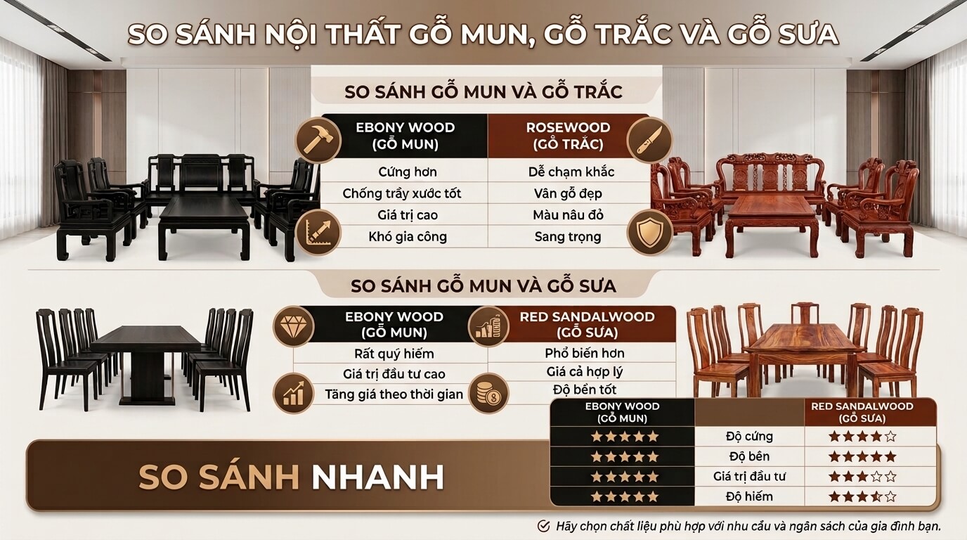Infographic so sánh bàn ghế gỗ mun với gỗ trắc và gỗ gõ đỏ về độ bền, giá trị đầu tư và đặc điểm nổi bật