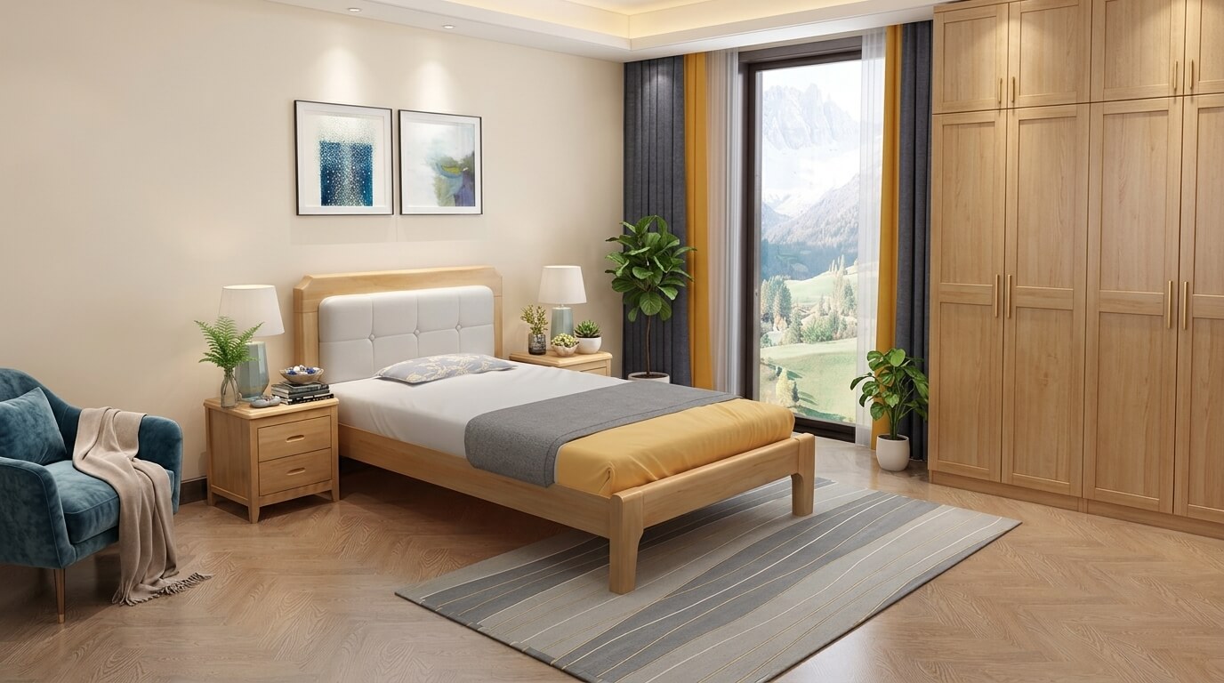 Giường ngủ đơn bằng gỗ tự nhiên trong phòng ngủ hiện đại với nội thất đồng bộ 