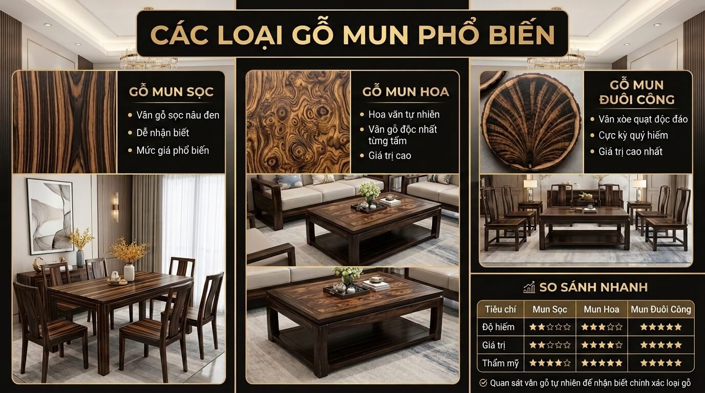 Infographic phân biệt các loại gỗ mun phổ biến gồm mun sọc, mun hoa và mun đuôi công với hình ảnh vân gỗ thực tế