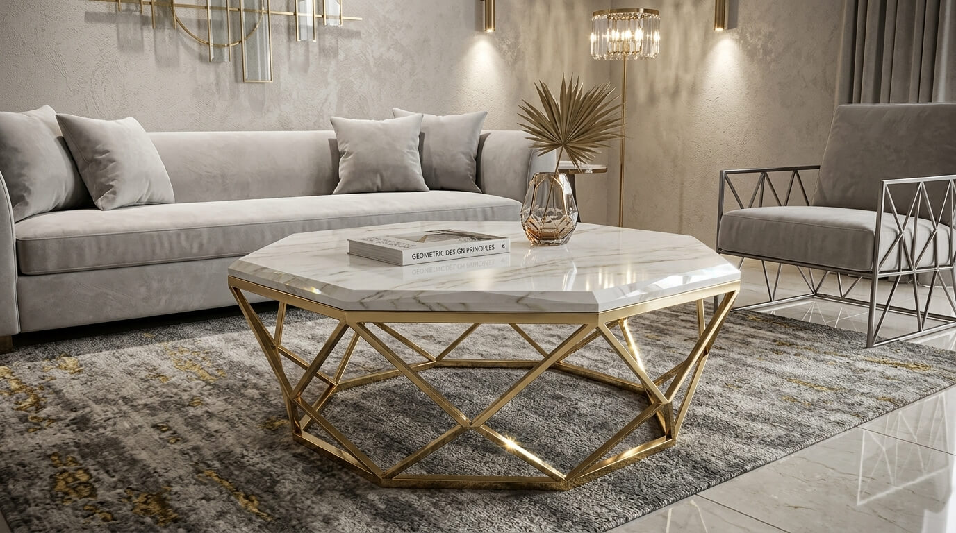 Bàn trà mặt đá hình kim cương tạo điểm nhấn nổi bật nhờ thiết kế hình học độc đáo và phong cách hiện đại
