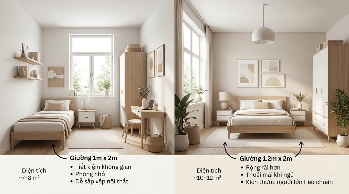 Infographic so sánh kích thước giường đơn 1m × 2m và 1m2 × 2m trong hai phòng ngủ hiện đại 