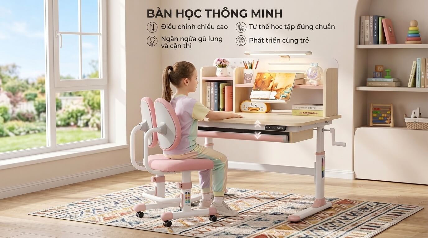 Bàn học thông minh điều chỉnh độ cao giúp trẻ ngồi học đúng tư thế trong phòng học hiện đại