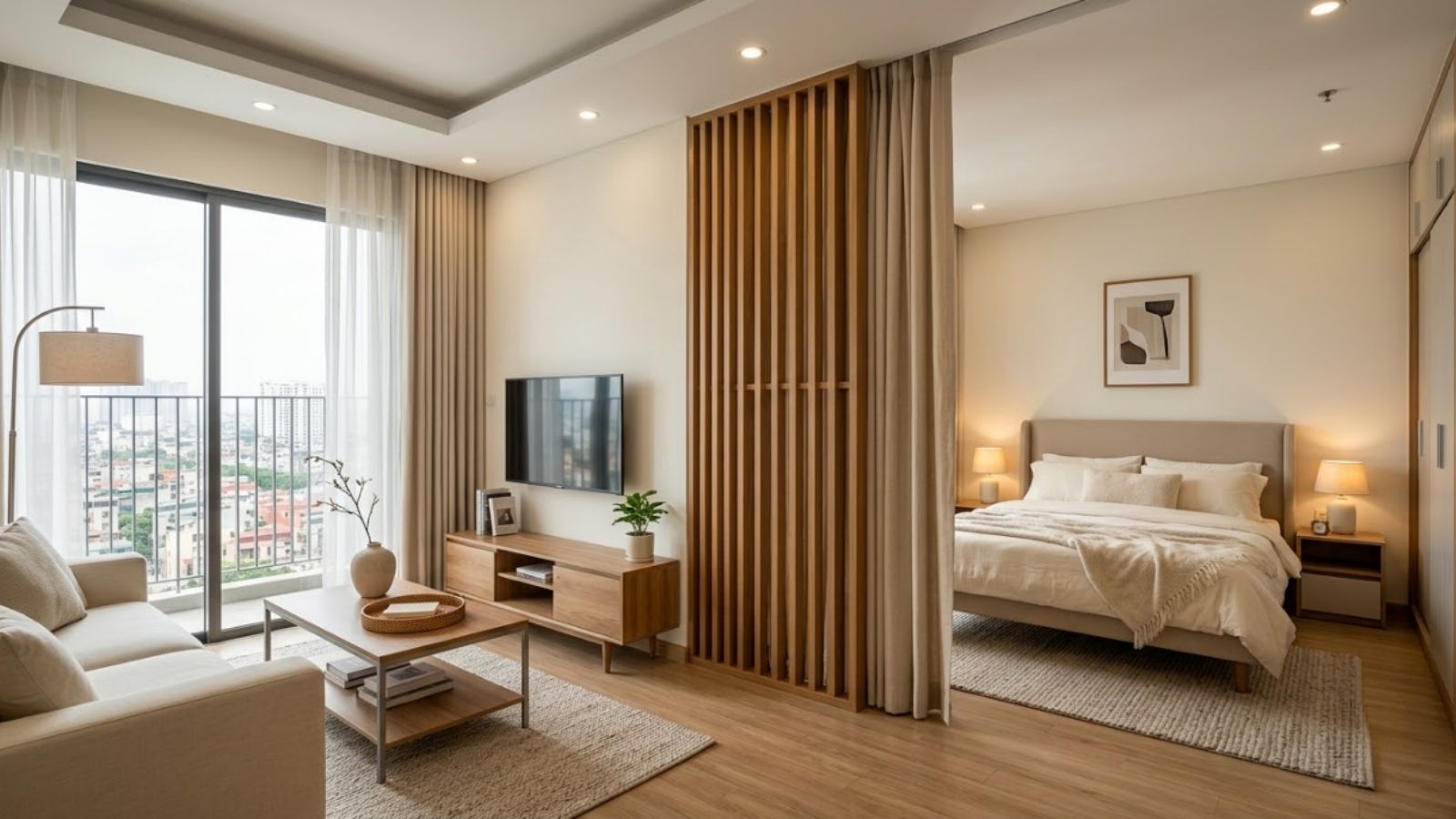 Cách ngăn phòng ngủ đơn giản bằng vách gỗ và rèm trong căn hộ hiện đại.