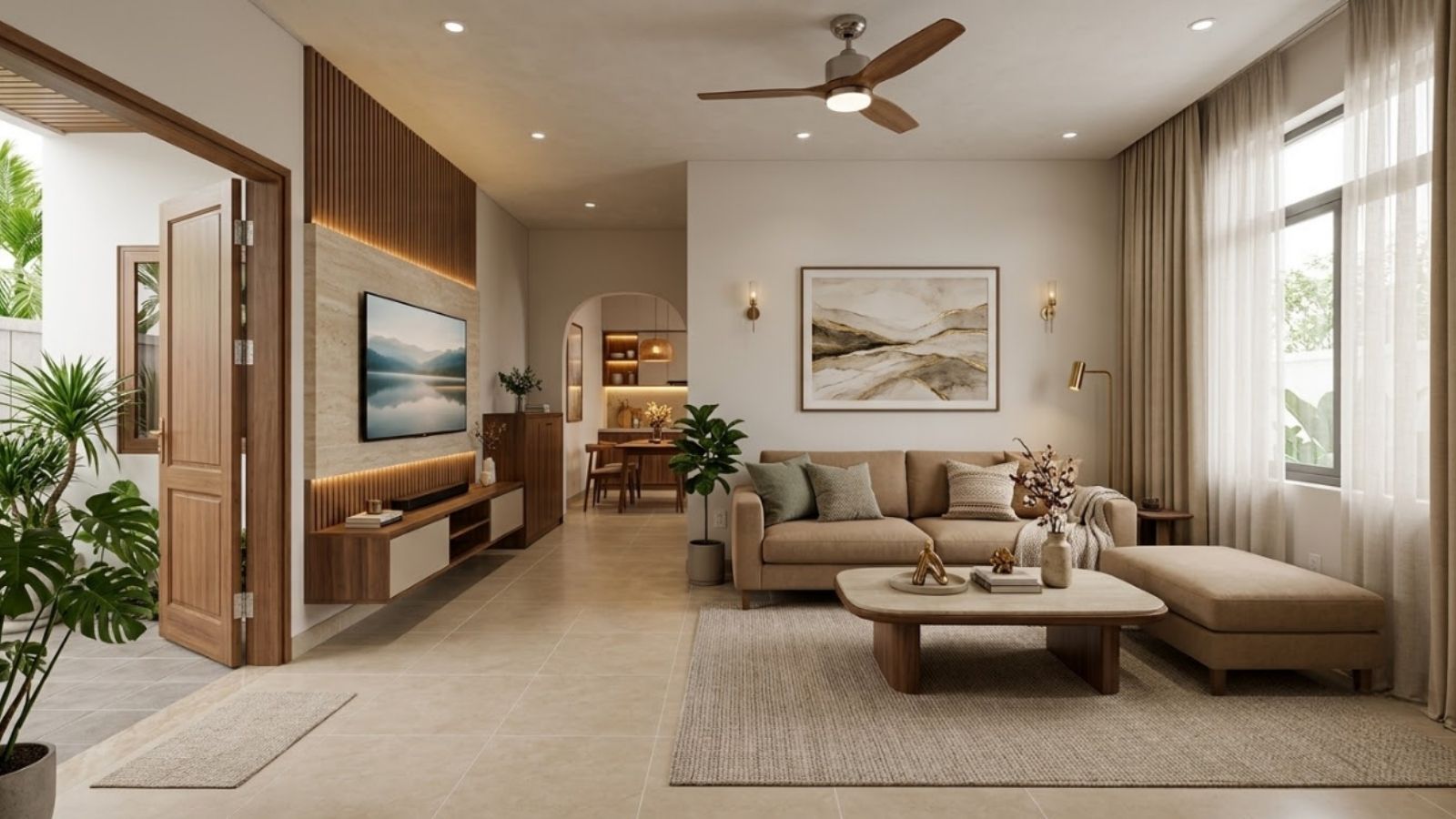 Sofa, bàn trà, thảm và kệ tivi được phối hợp hài hòa trong phòng khách nhà cấp 4.