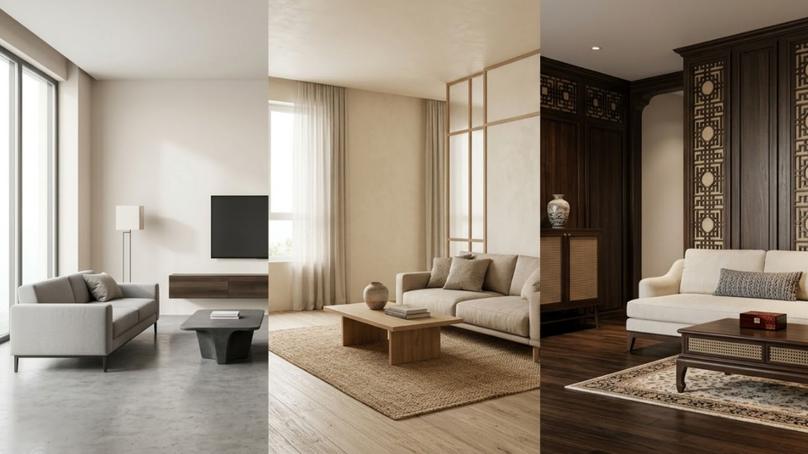 Phòng khách phong cách Minimalism, Japandi và Indochine hiện đại.