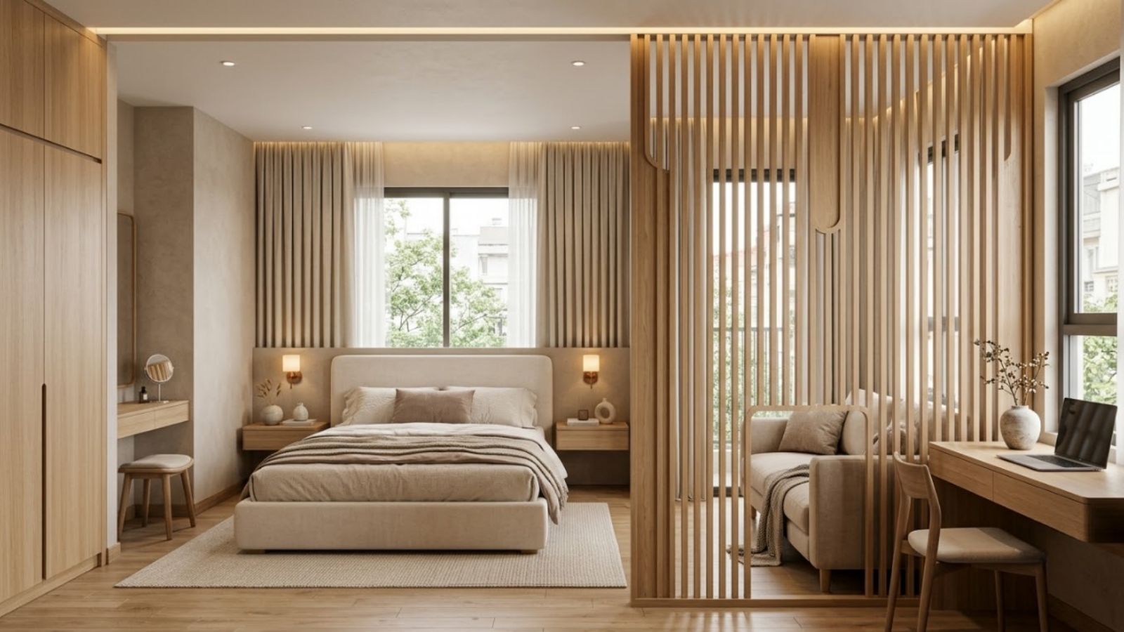 Vách ngăn phòng ngủ nhẹ giúp phân chia không gian nhưng vẫn giữ ánh sáng tự nhiên.