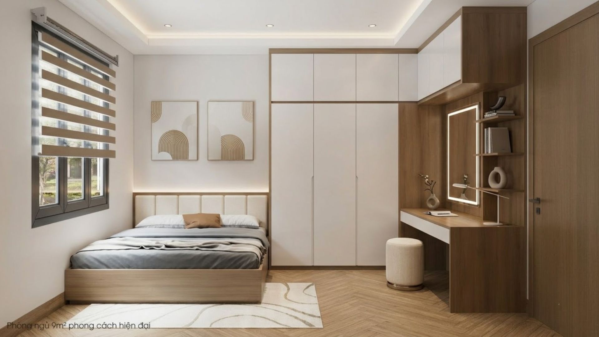 Phòng ngủ 9m2 phong cách hiện đại với nội thất gọn gàng, màu sắc đồng bộ và thiết kế tối giản
