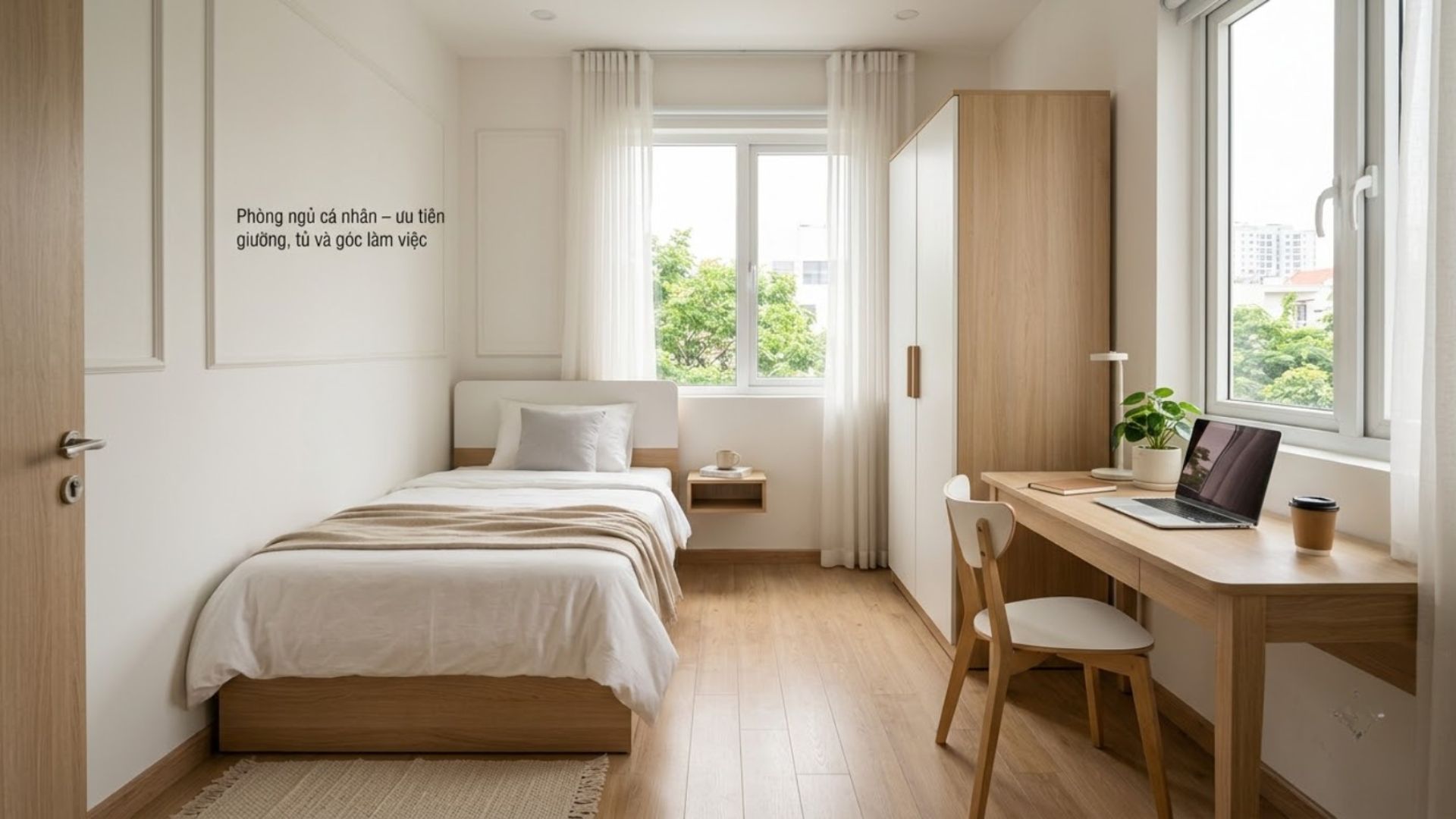 Phòng ngủ cá nhân 9m² nên tập trung vào những nội thất thực sự cần thiết như giường, tủ và bàn làm việc nếu có nhu cầu