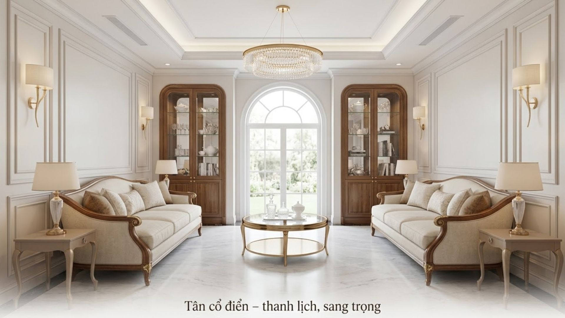 Tân cổ điển tạo vẻ sang trọng nhờ bố cục cân đối, đường nét mềm mại và các chi tiết trang trí được tiết chế.