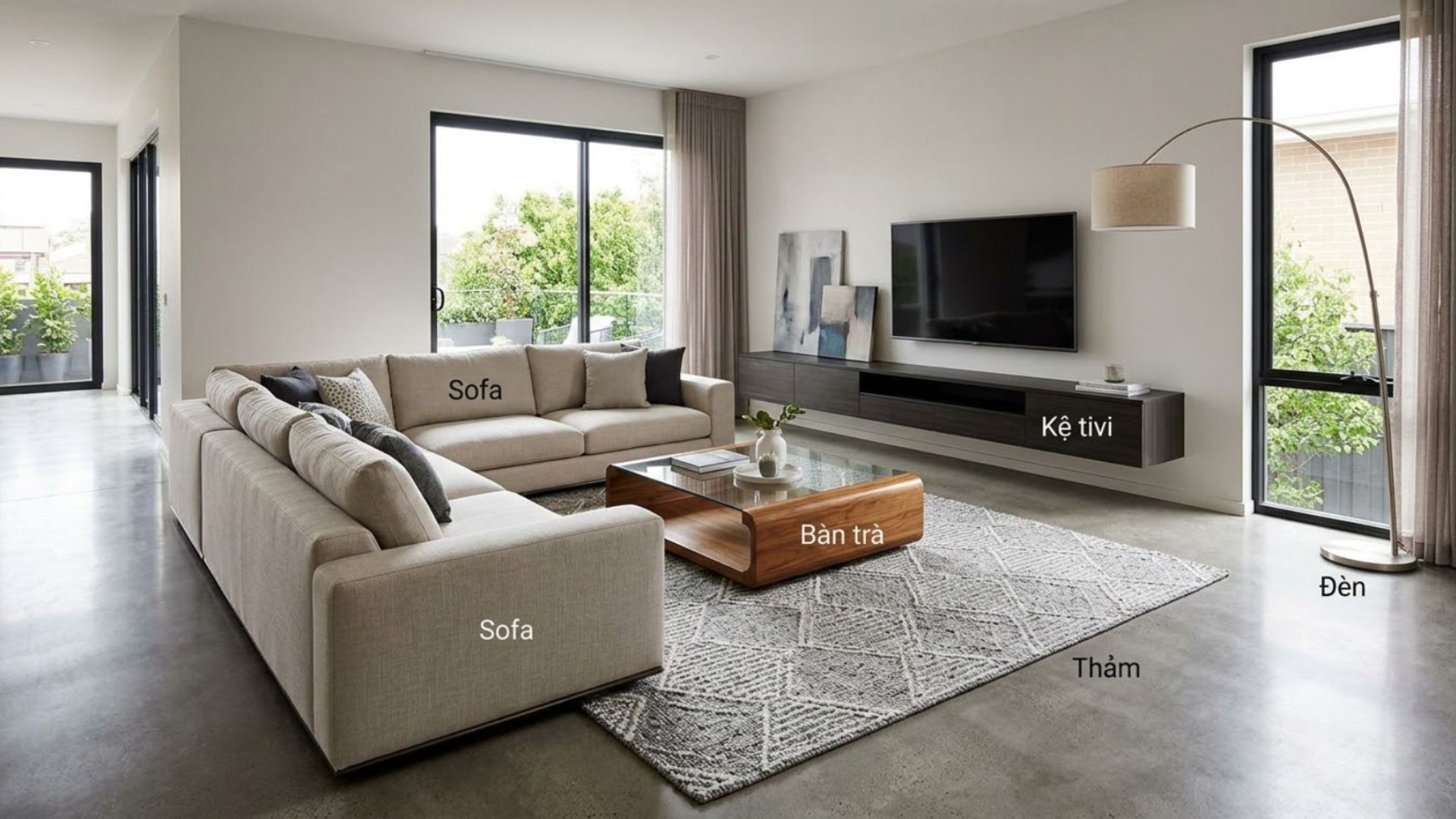 : Sofa, bàn trà, kệ tivi, thảm và đèn là những nội thất chính cần được bố trí cân đối để phòng khách đẹp và thuận tiện sử dụng.