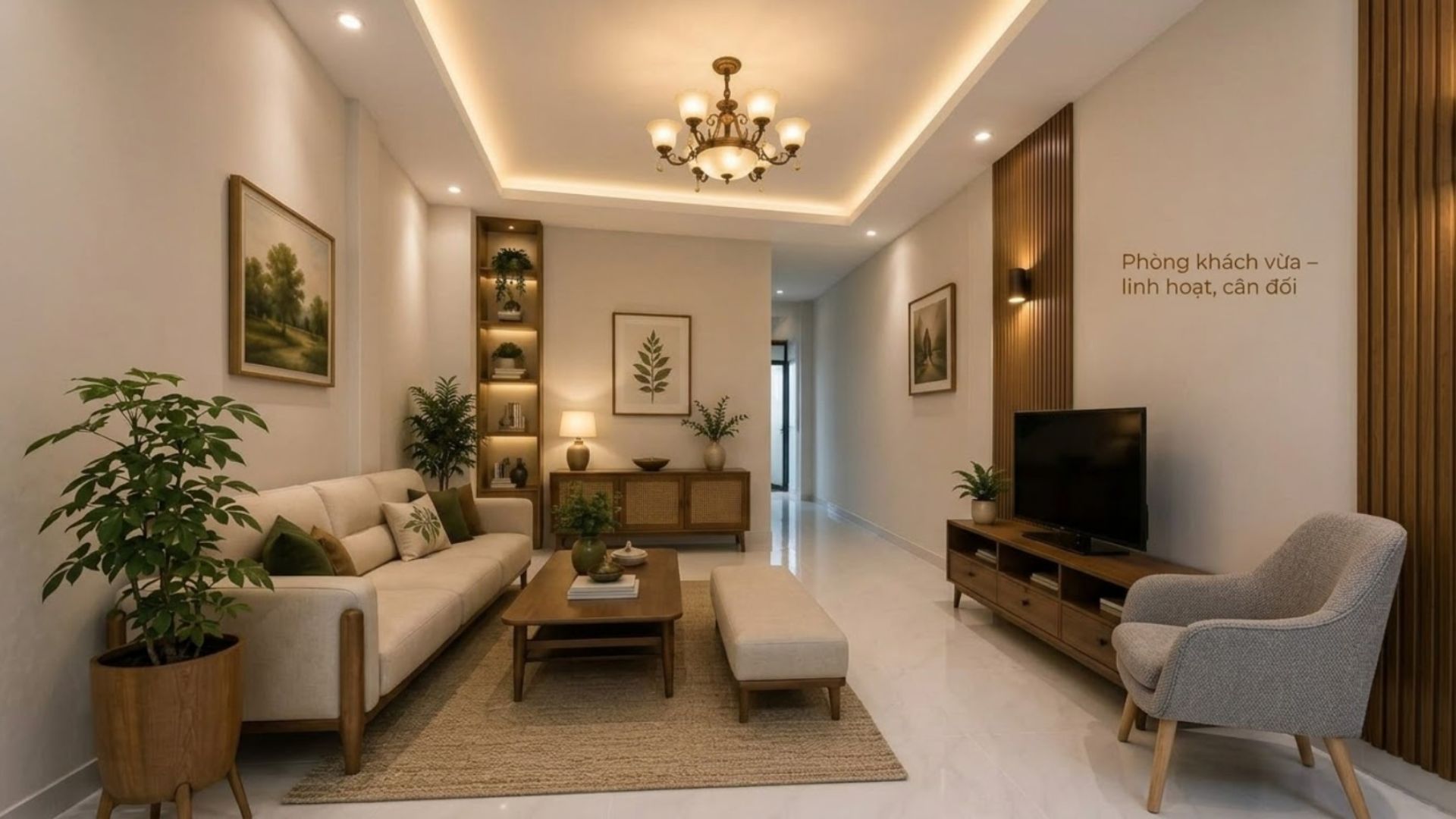 Phòng khách diện tích vừa có thể linh hoạt thêm ghế đơn, thảm hoặc mảng tường nhấn để hoàn thiện không gian