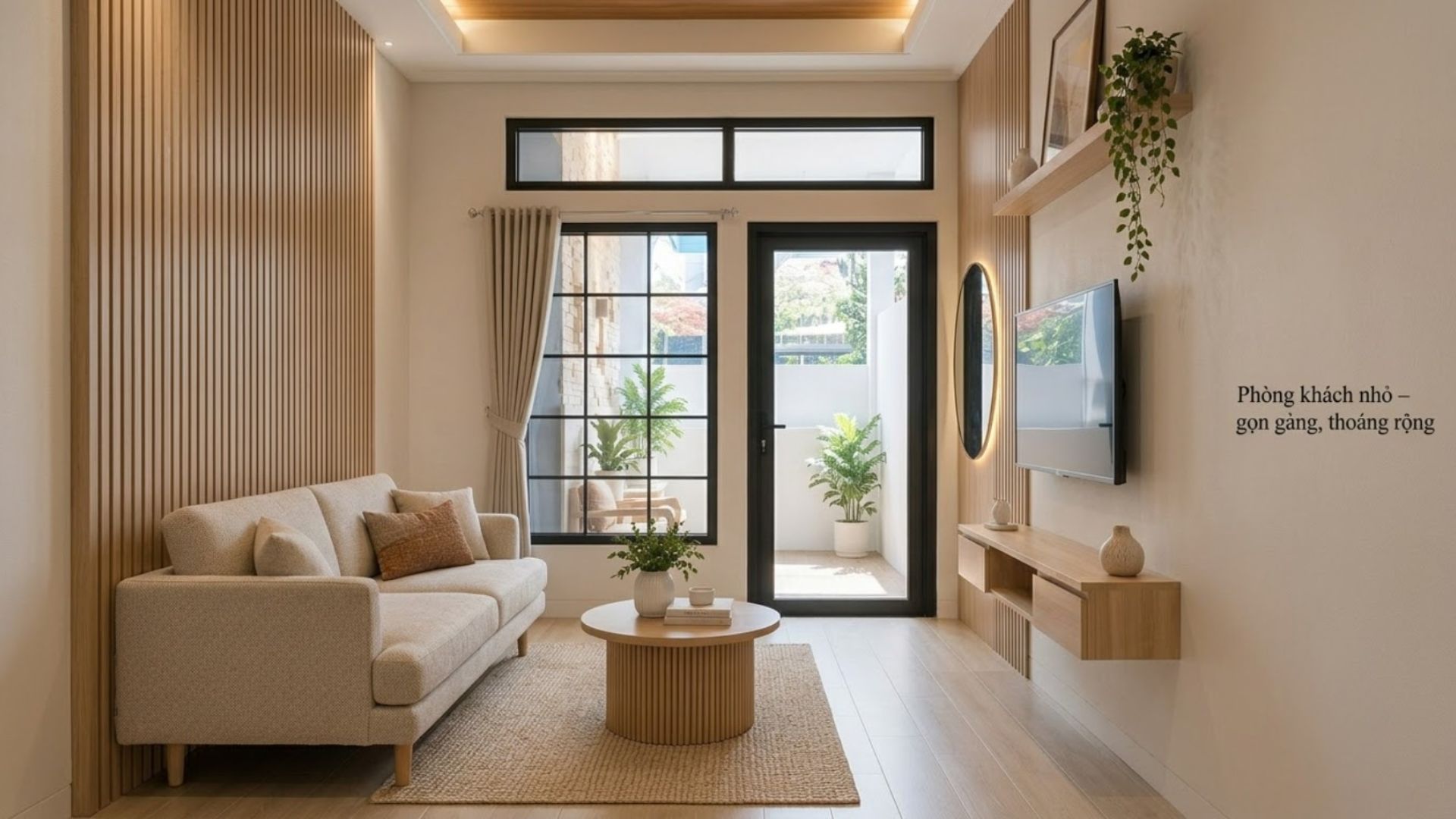 Phòng khách nhỏ nên ưu tiên nội thất vừa phải và tận dụng tường để giảm diện tích chiếm dụng trên sàn