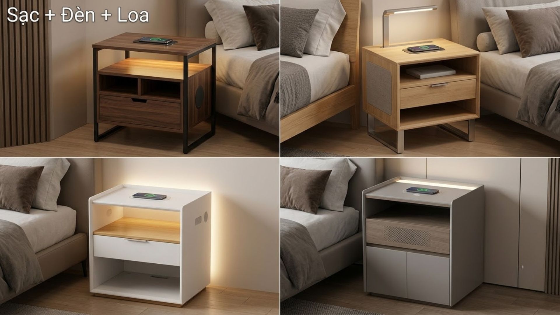 4 mẫu tủ đầu giường đa năng tích hợp sạc không dây, đèn LED và loa Bluetooth trong cùng một thiết kế.