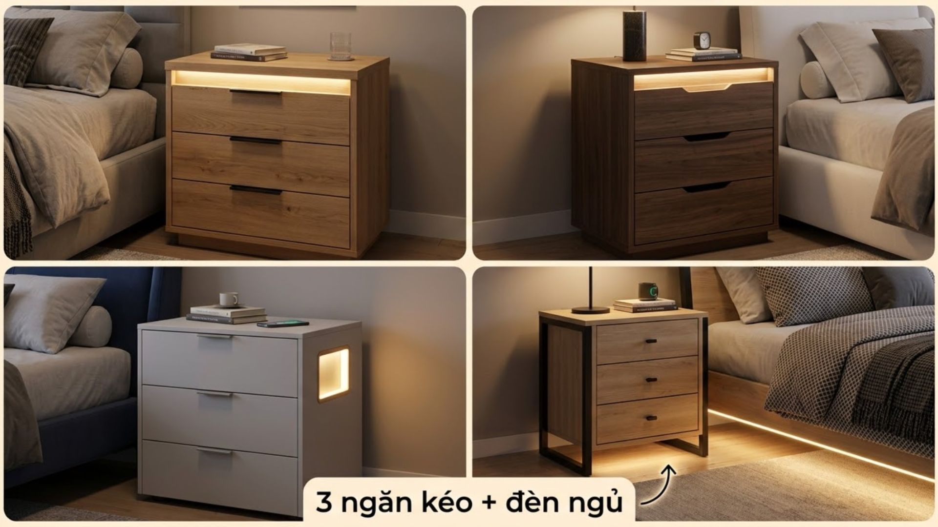4 mẫu tủ đầu giường 3 ngăn kết hợp đèn ngủ, vừa tăng khả năng lưu trữ vừa tạo ánh sáng thư giãn