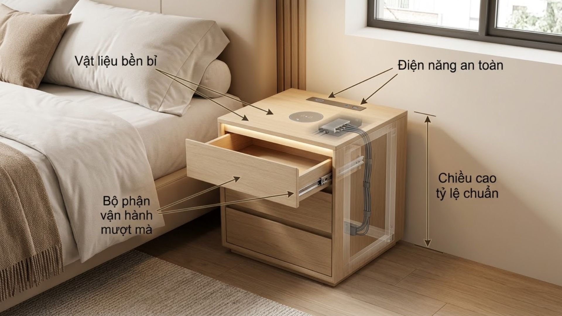 Các tiêu chí quan trọng khi đánh giá tủ đầu giường thông minh gồm chất liệu, linh kiện, an toàn điện và kích thước phù hợp