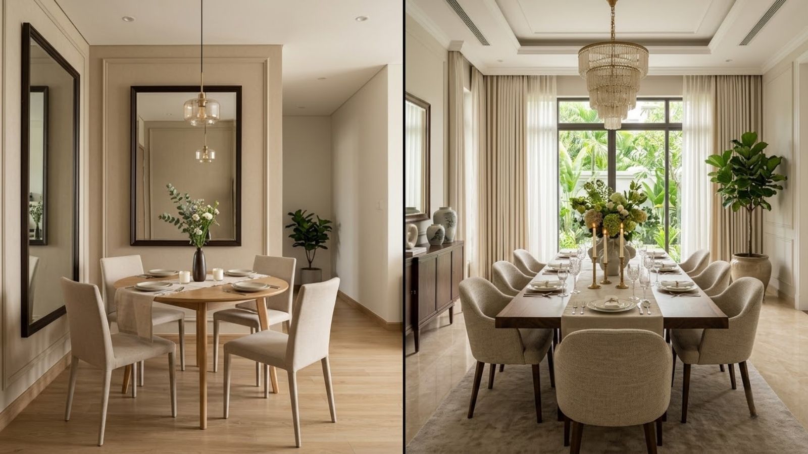 Decor bàn ăn nhỏ trong căn hộ và bàn ăn lớn trong biệt thự