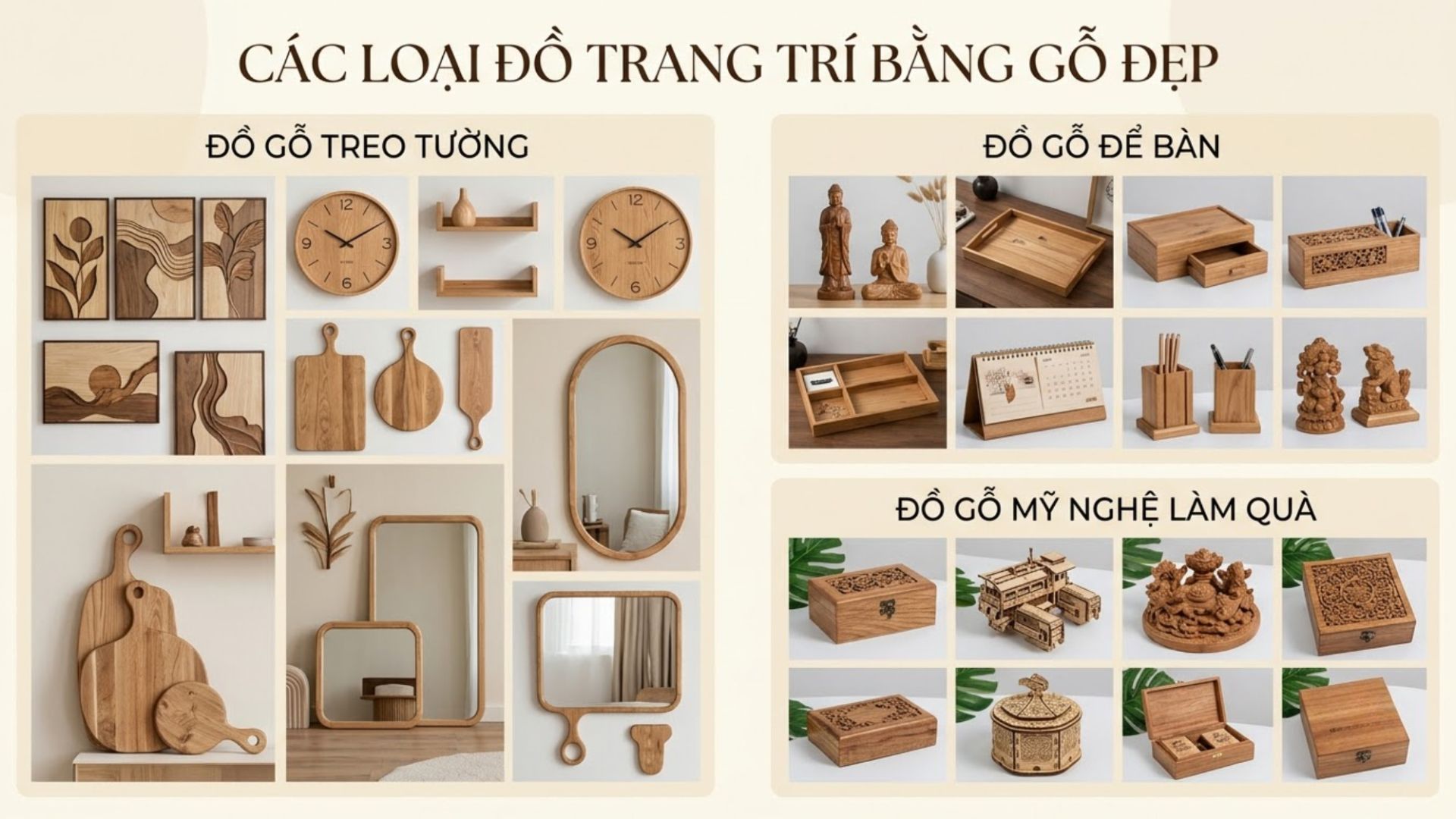 Đồ gỗ treo tường, đồ decor để bàn và sản phẩm gỗ mỹ nghệ mang đến nhiều lựa chọn trang trí, trưng bày và làm quà tặng theo nhu cầu