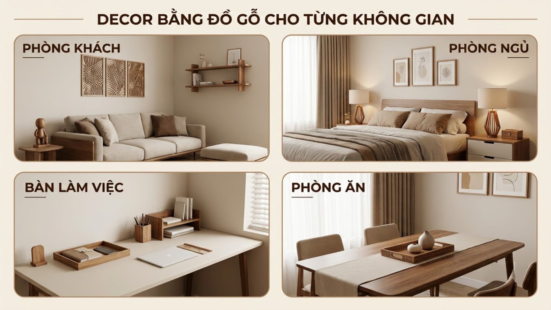 Đồ gỗ decor có thể được ứng dụng linh hoạt trong từng không gian, từ tranh và tượng trang trí phòng khách đến phụ kiện nhỏ gọn cho phòng ngủ, bàn làm việc và phòng ăn.